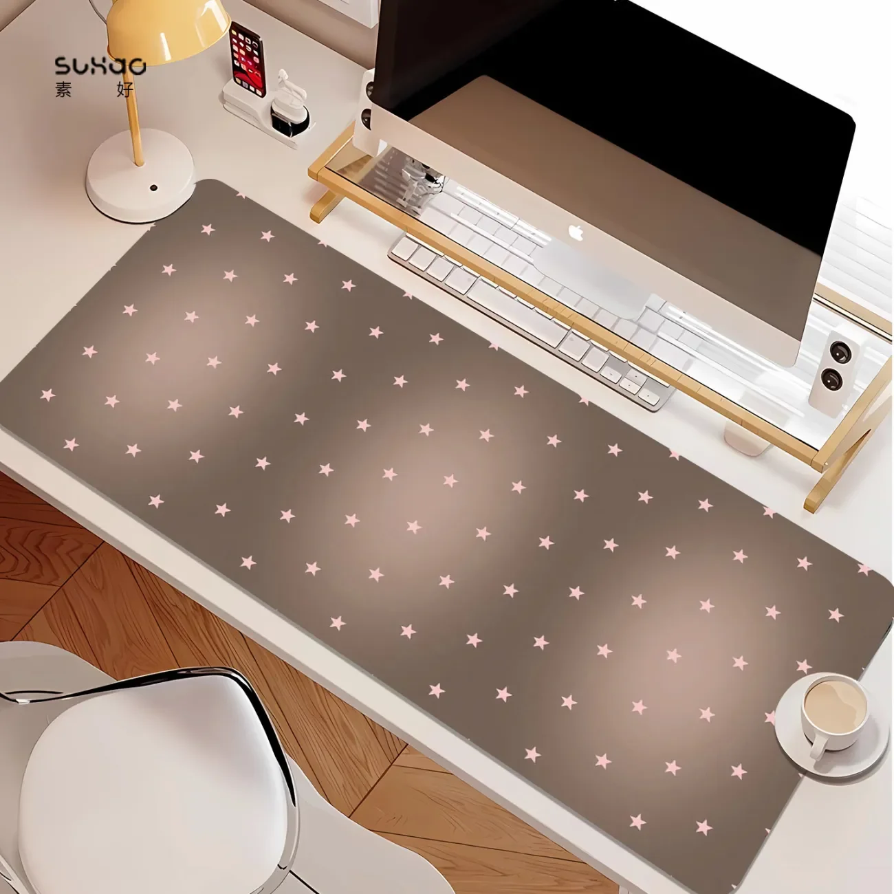 Leder-Schreibtischunterlage mit Farbverlauf und Rosa Sternen, Y2K-Mauspad, Büro-Schreibtischmatte, Wasserdicht, Rutschfest, PU-Schreibunterlage