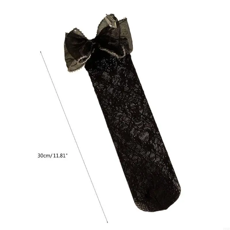 195E Kids Girls Korean Elegant Hollowed Lace Long Socks Pearl Beaded Trim Bowknot School Uniform Over Calf Sock