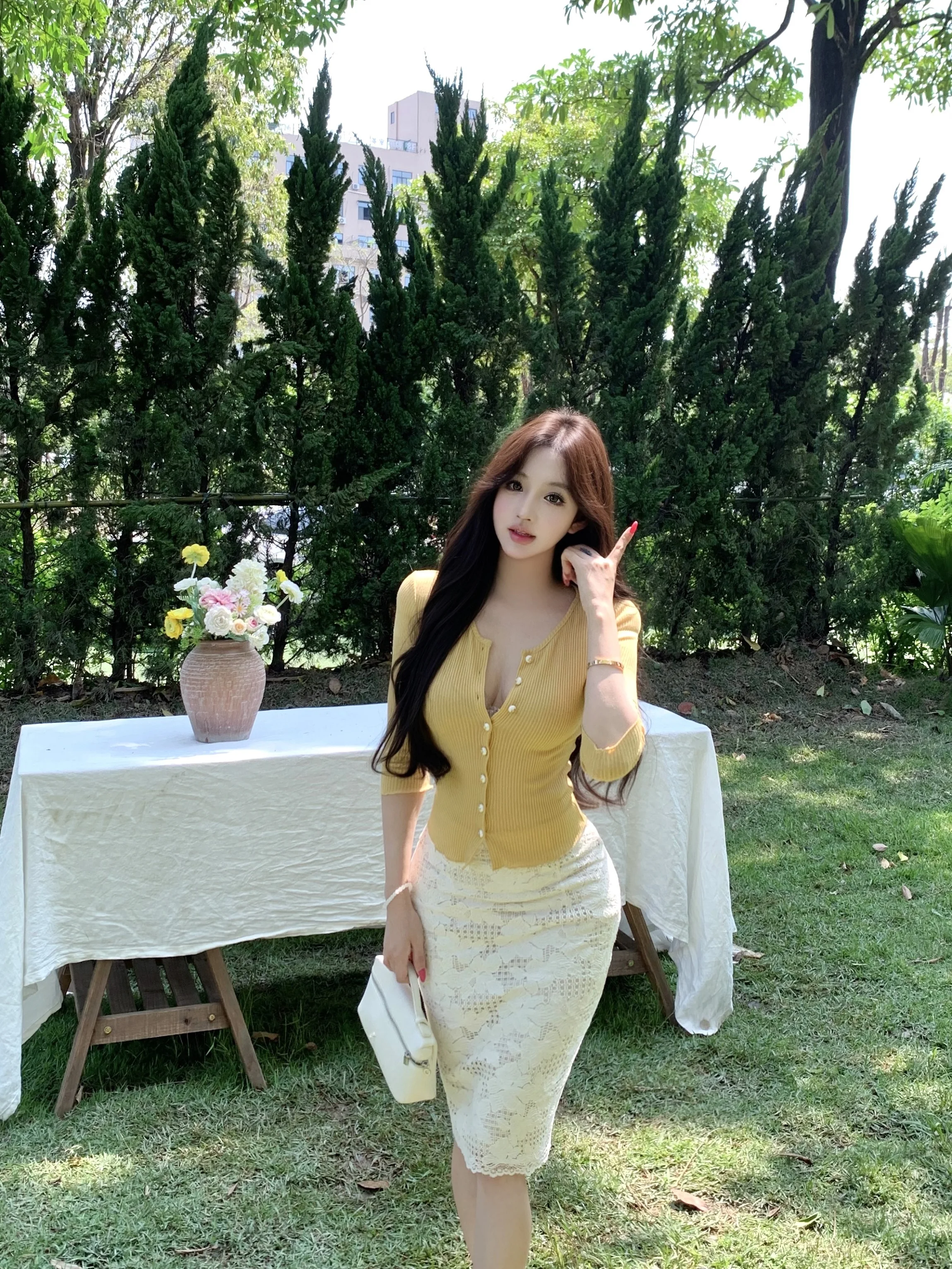 

Pure Desire Style Women's Summer Slim Fit T-Shirt And Skirt Set V-Neck Mid-Sleeve Button-Up Floral Embroidery High Waist