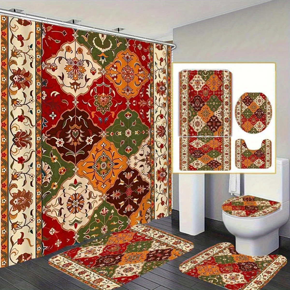 

Набор занавесок для душа с винтажным персидским узором — полиэстер, можно стирать в машине, 12 крючков, нескользящий коврик для ванной, U-образное сиденье для унитаза
