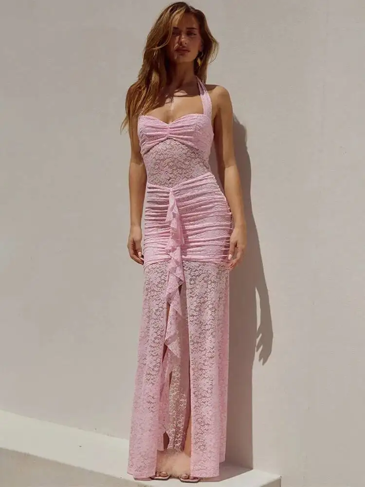 

Lace Draped Ruched Sexy Maxi Women Summer Patchwork Halter Sleeveless Backless Bodycon Club Long Dress Elegant