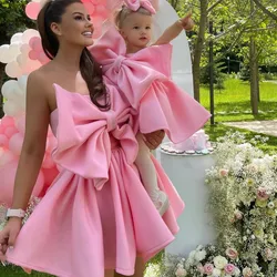 Sweety Cute Light Pink Bow Short Women Dresses To Birthday Party Strapless Big Bow A-line Mini Maxi Dress