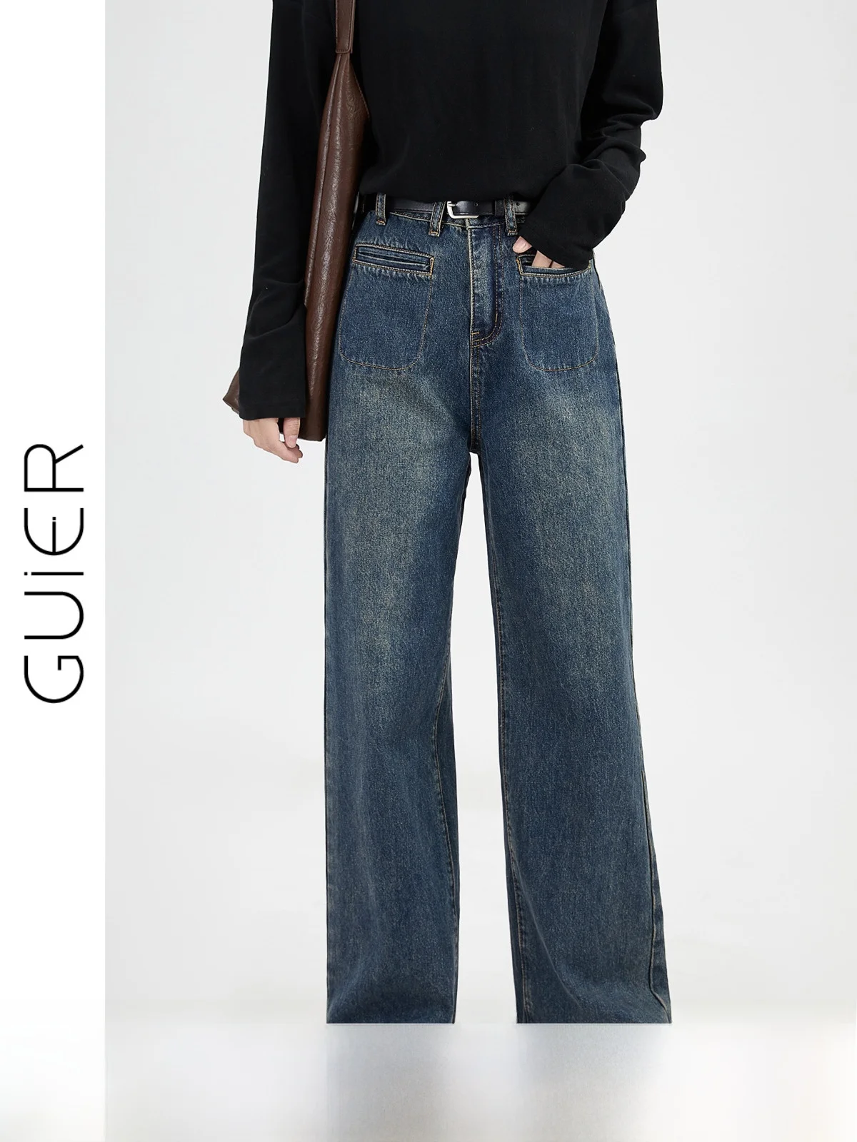 

Guier прямые джинсы с высокой талией на подкладке, женские весенне-осенние свободные драпированные брюки, винтажные длинные брюки на молнии