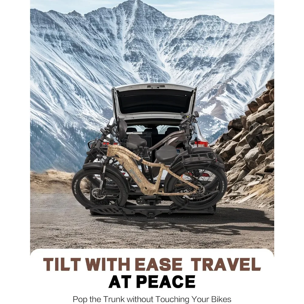 E-Bike Rack with Ramp, Hitch 2 Bike Rack, 200 lbs Capacity Electric Bike Carrier, Foldable Platform Mount for Cars, Trucks, SUVs