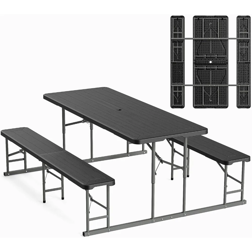 

Folding Picnic Table and Bench Set, Portable Outdoor Dining Furniture for Camping, Patio, Backyard, Wood Grain Plastic