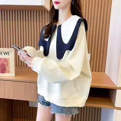 Sweet Peter Pan Collar Loose Casual Sweatshirts Female Clothing 2024 Spring New Oversized All-match Tops Korean Sweatshirts