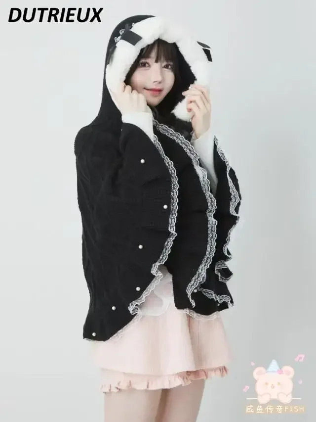 Suéter solto casual cardigan japonês produzido em massa estilo lolita casacos femininos doce fofo orelhas de urso bola de cabelo capa de malha xale