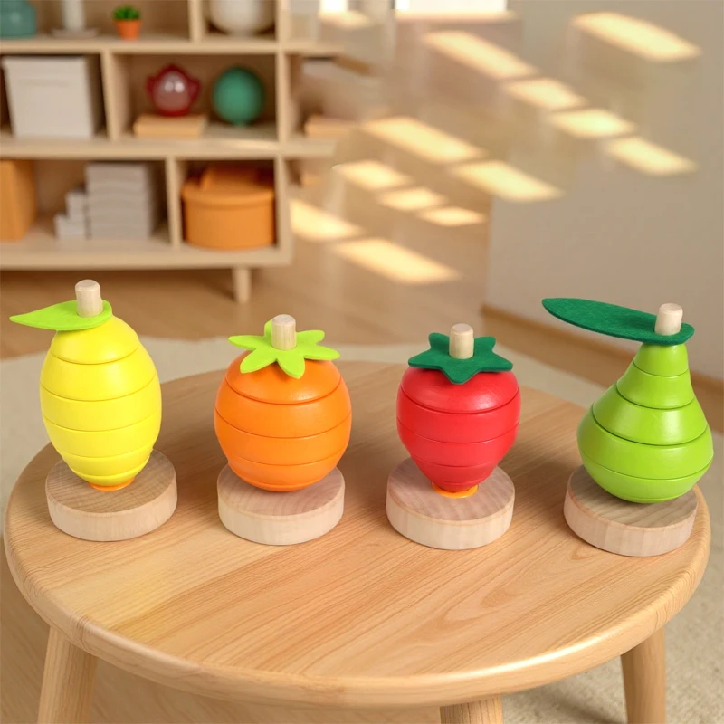 مجموعة تراص الفاكهة الخشبية - كتل التراص على شكل الليمون/البرتقال/الفراولة/الكمثرى للمهارات الحركية الدقيقة والتعرف على الأشكال #1