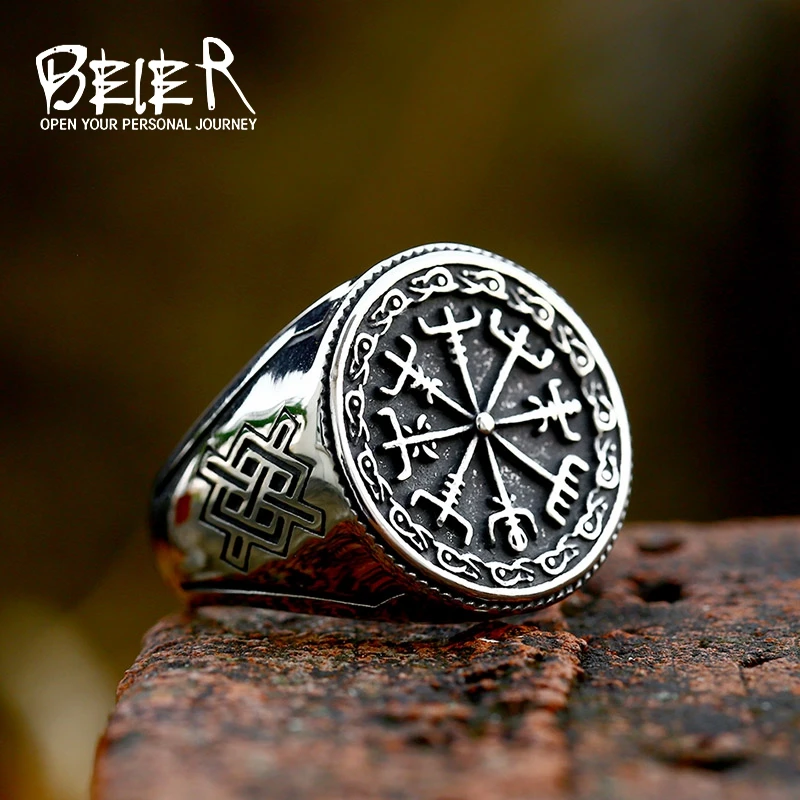 BEIER 2022 New Design Viking Runes Compass Stone Ring Nordic Viking Totem Odin Meteorite Fashion Jewelry Wholesale