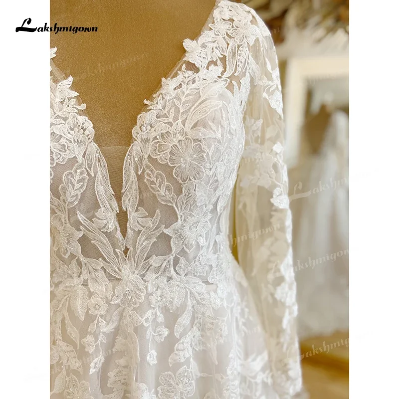 Requintado boho uma linha vestidos de casamento personalizado para as mulheres 2025 noiva sexy decote em v manga completa rendas apliques tule varredura vestido