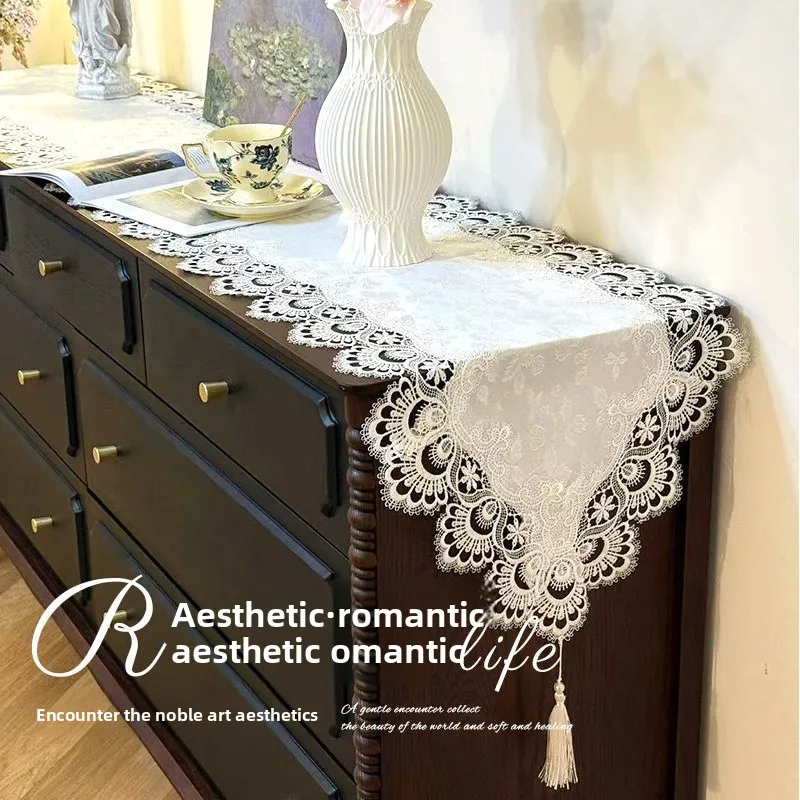 Lace tassel table flag dining table cloth edge cabinet European long strip hollow dust-proof coffee table tablecloth