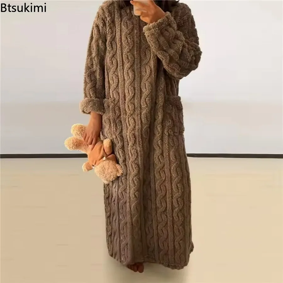 Women's Comfortable Soft Warm Nightwear Dresses Plus Size Pajamas Ladies Flannel Nightdress Hooded Bathrobe Solid Color Homewear