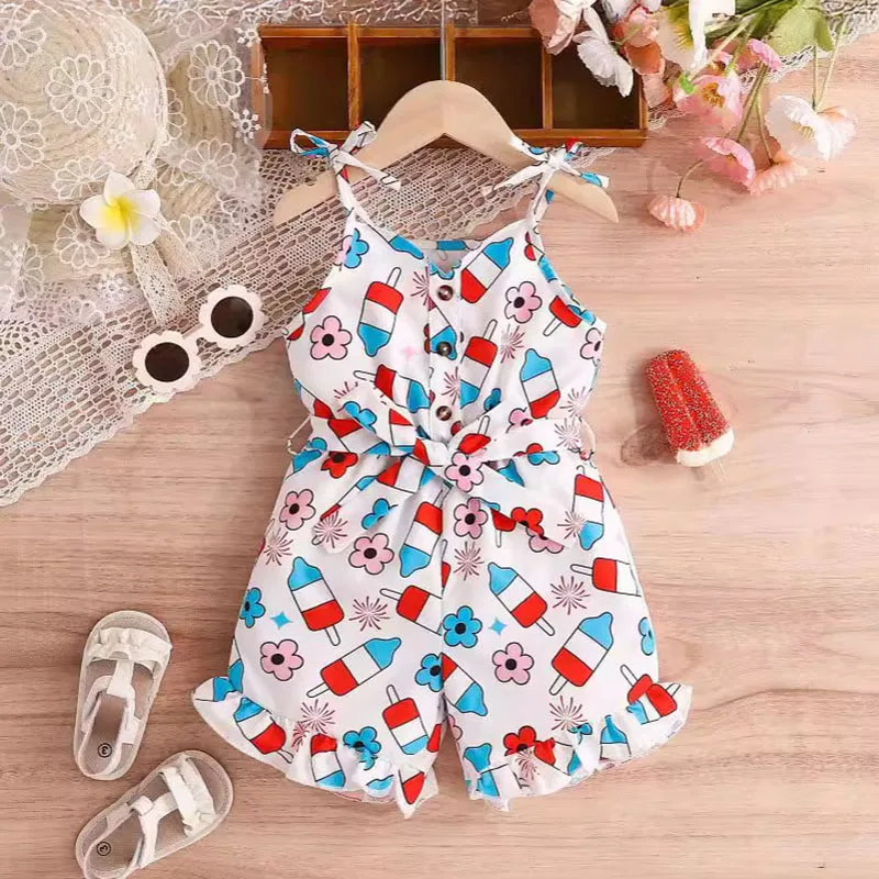 Macacão de camisola estampado infantil, macacão de sling infantil, roupa infantil, roupas de bebê menina, verão, dia dos veteranos, 1 a 5 anos