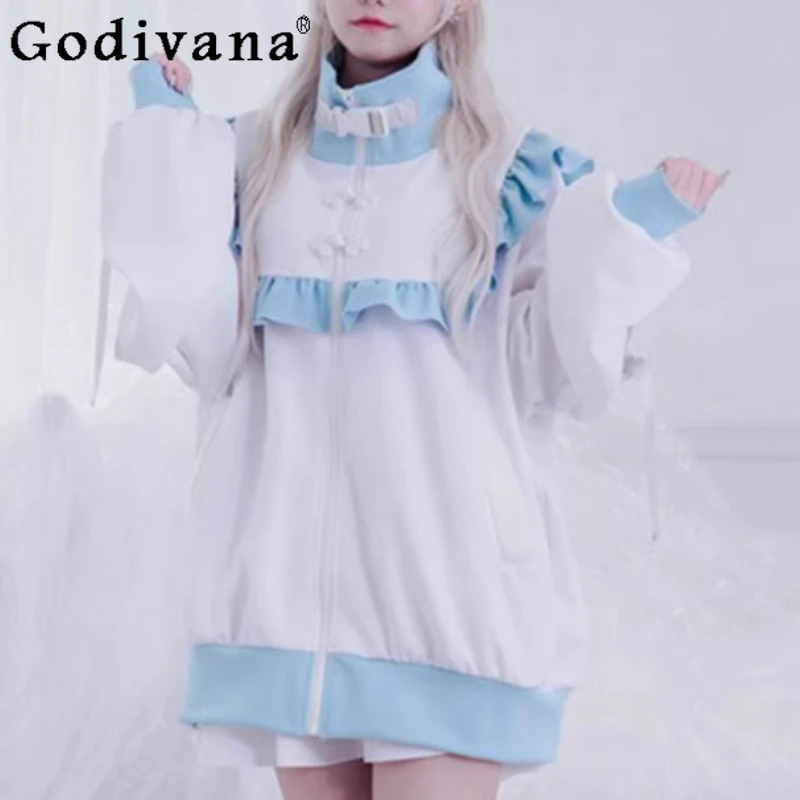 ربيع الخريف موضة جديدة فضفاضة الصينية زر سترة طويلة الأكمام فتاة حلوة كلية اليابانية العمر الحد الكشكشة سستة الأعلى