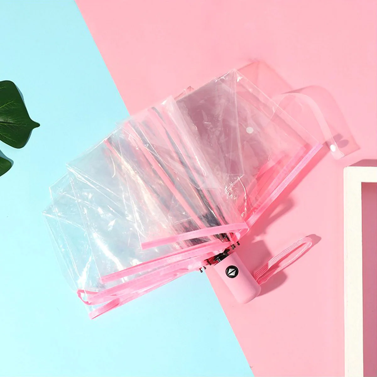 

1pc Fully Automatic Triple Folding Transparent Umbrella Waterproof Compact Travel Rain Lightweight Portable Gift For