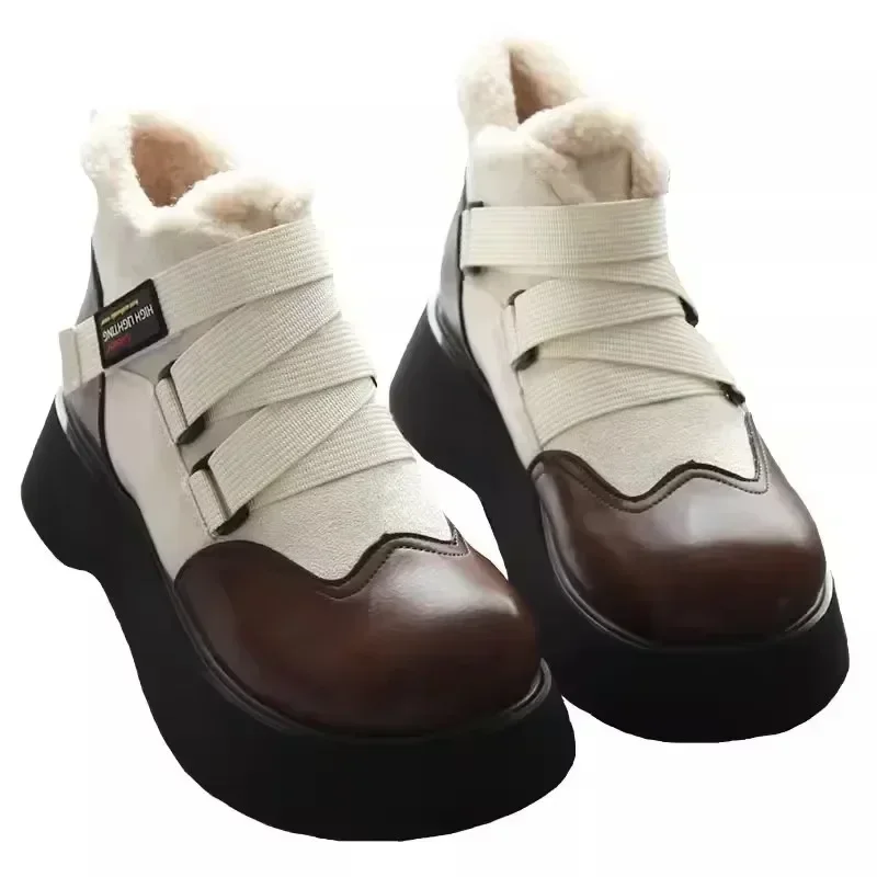 2024 inverno mulheres botas de tornozelo pu sola grossa de pelúcia quente inverno mulher sapatos apartamentos rendas até senhoras lolita sapatos ao ar livre deslocamento diário