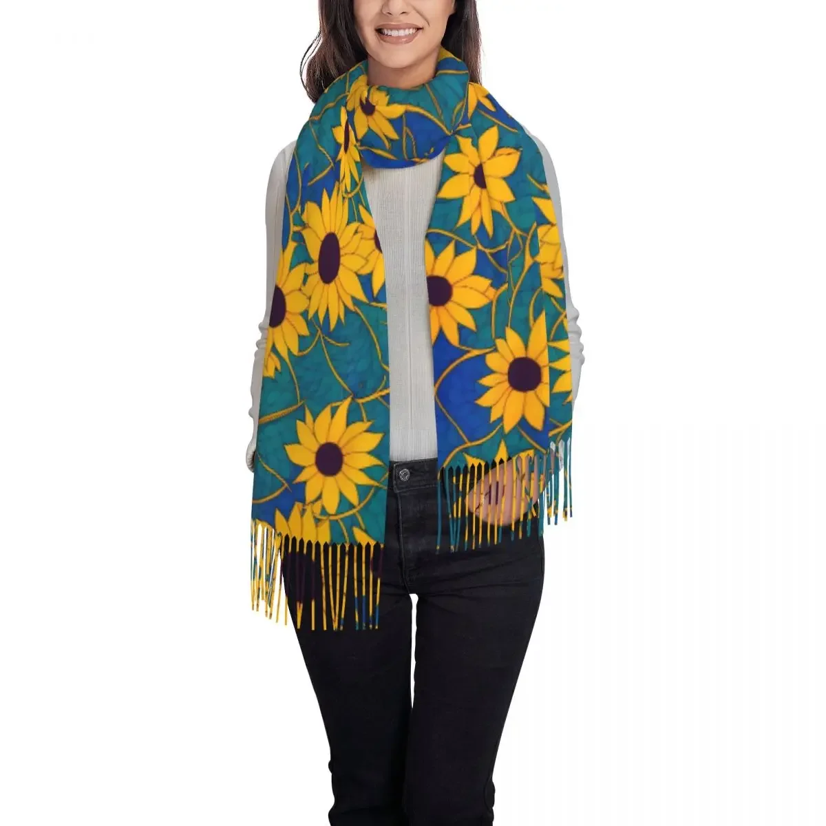 Warm Soft Scarf Winter Sunflower Fantasy Shawls Wrpas Cute Flower Print Designer Bandana Ladies Retro Headwear Scarves