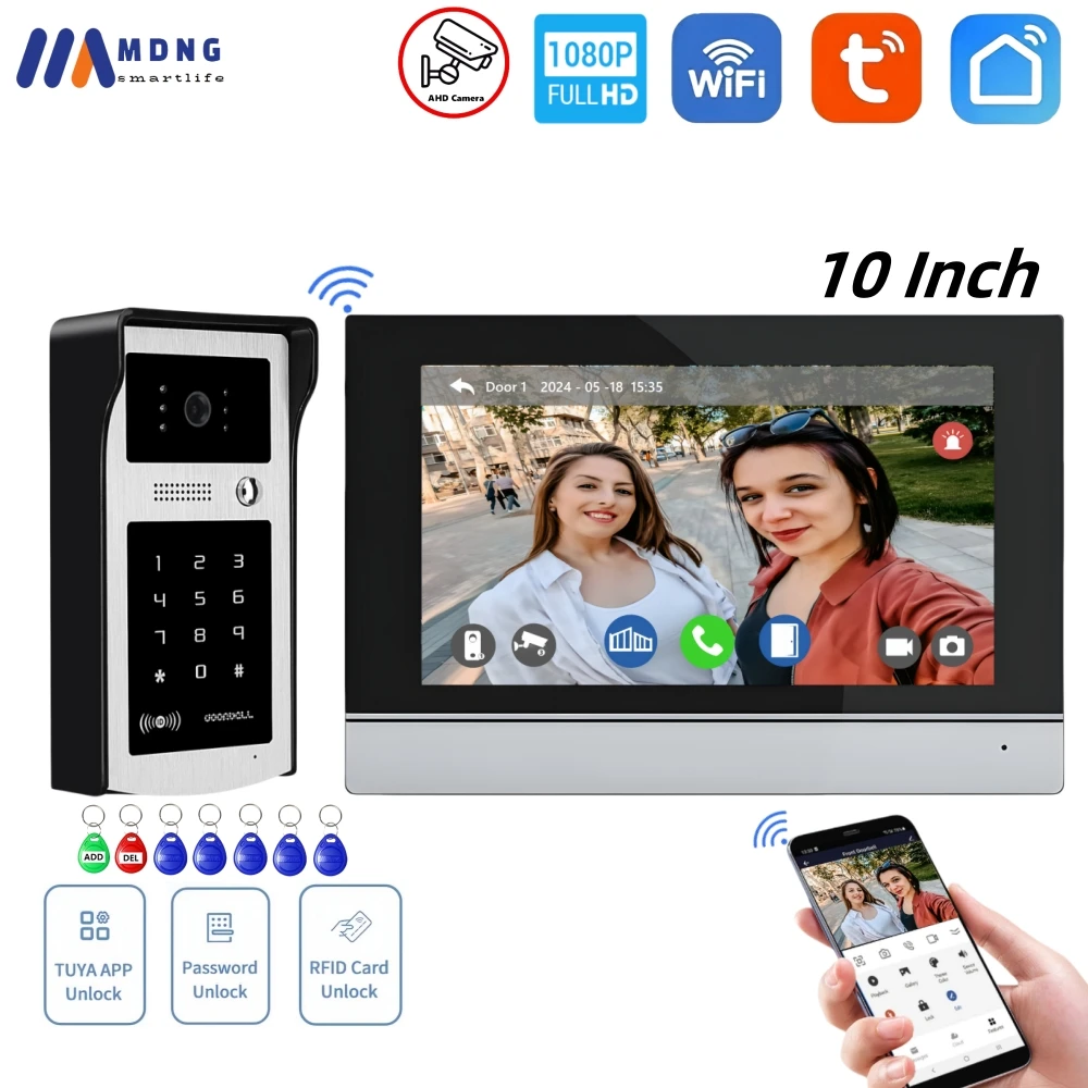 

10" Tuya Smart Home Video Door Entry Intercom System Wireless Video Door Phone WIFI 1080P Doorbell Camera RFID Password Unlock