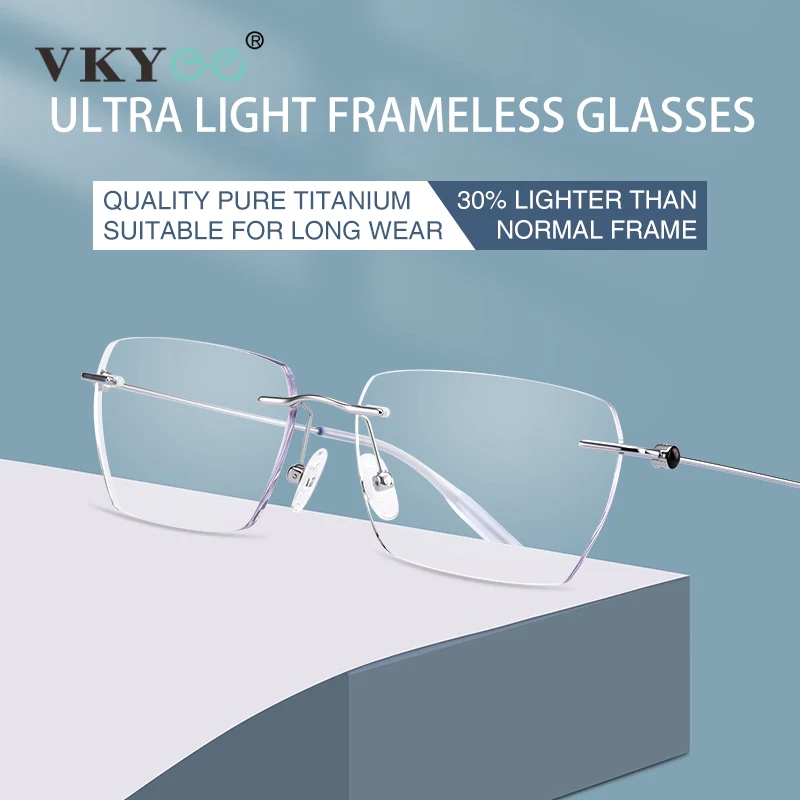 VICKY Fashion Rimless Myopia Glasses Men Unisex Titanium Anti Blue Light Glasses Women Custom Prescription Reading Glasses 0621