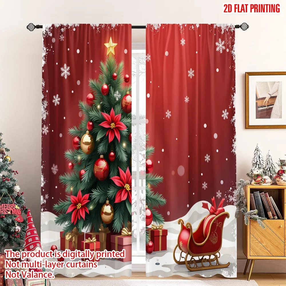 

2pcs 2D flat printing Merry Christmas Window Curtains Christmas Poinsettia Snowflakes Ornaments 100% Polyester Fabric Without