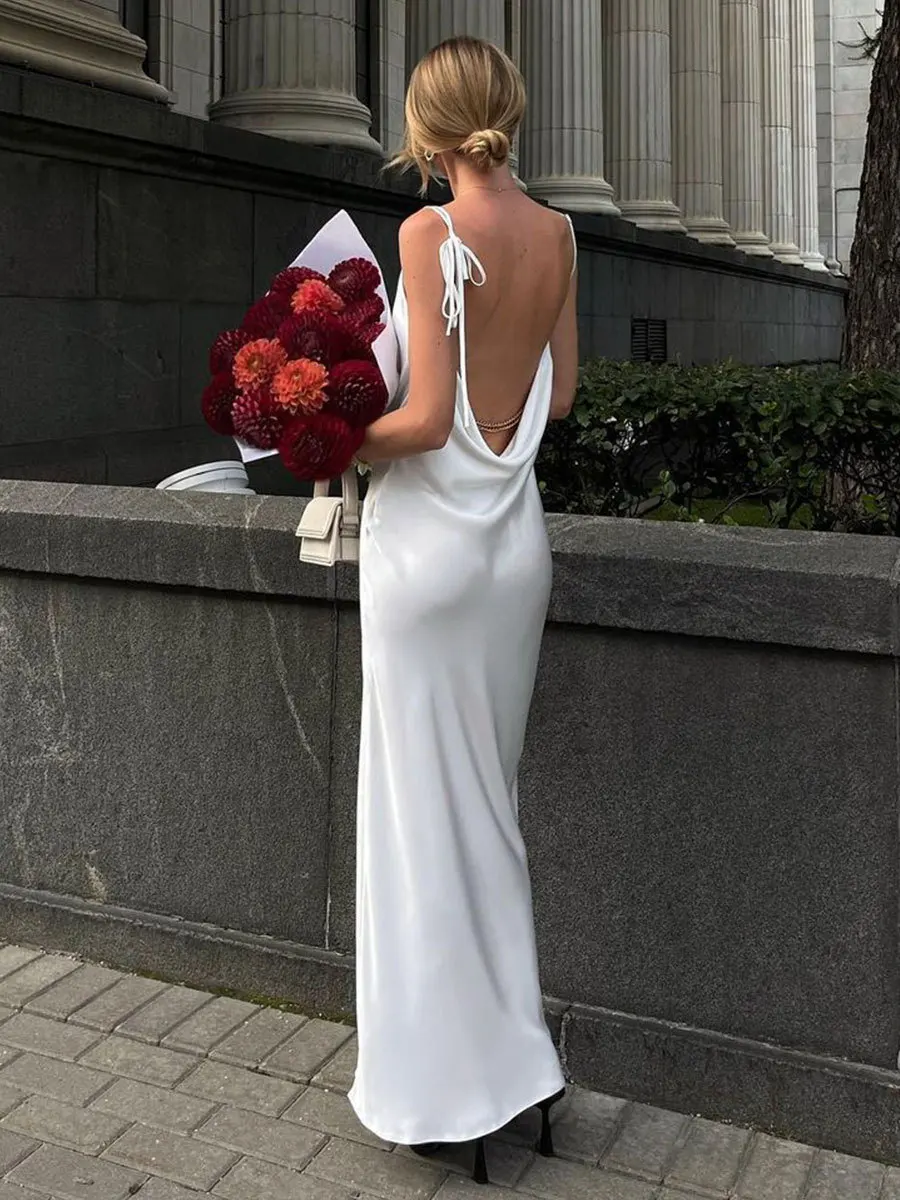 DSMTRC Women Clothes Birthday Party Elegant Y2K Satin Long Dress 2024 New Summer White Solid Spaghetti Strap Bodycon Prom Dress