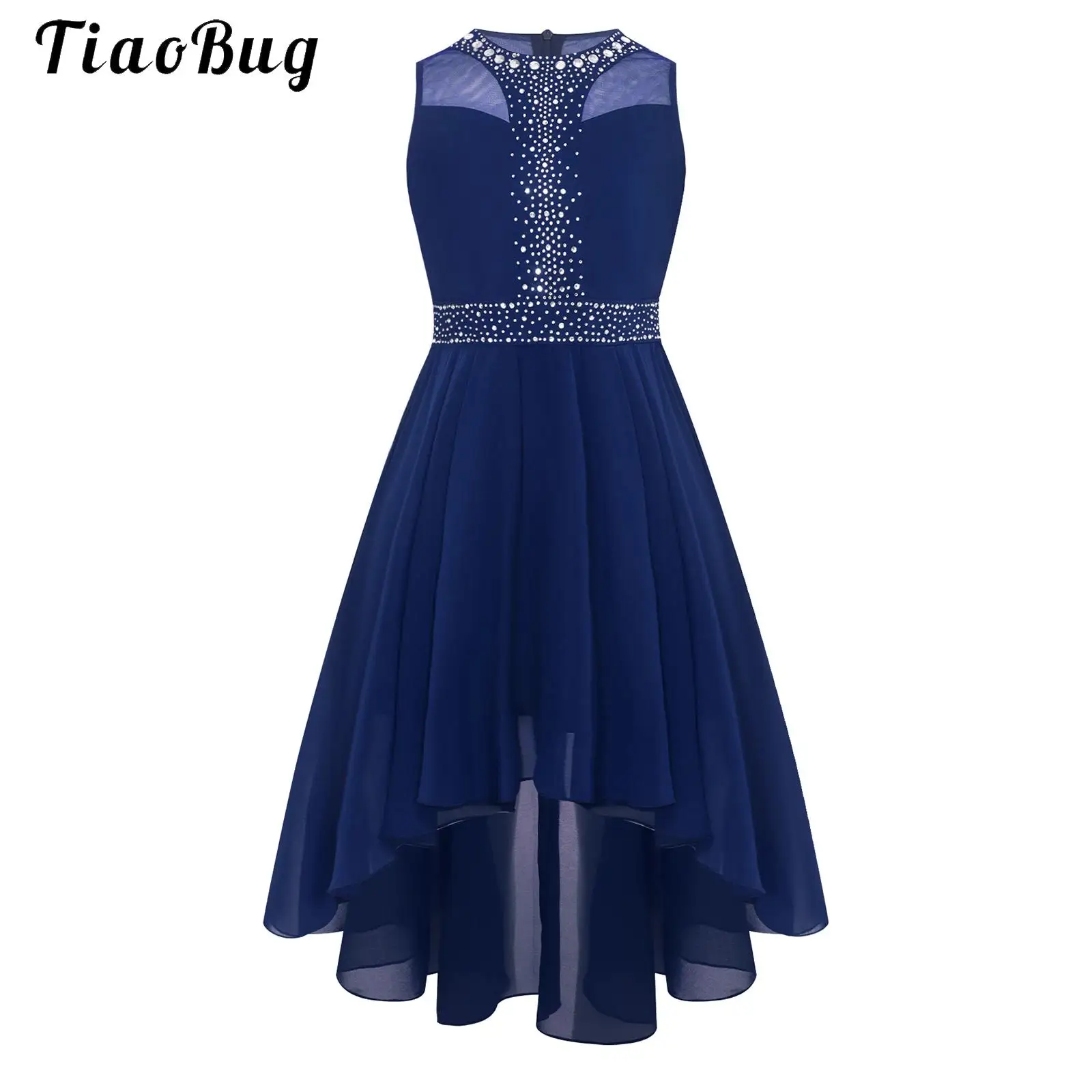 

Children Flower Girls Chiffon Dress Sleeveless Rhinestones High-Low Prom Gown Elegant Princess Birthday Wedding Party Dresses