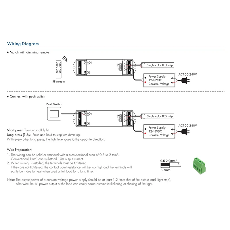 LED Faixa Dimmer V1-L, DC 12V 24V 36V 48V, única cor, painel de toque remoto, 2.4G RF, controlador sem fio, 1CH tensão constante