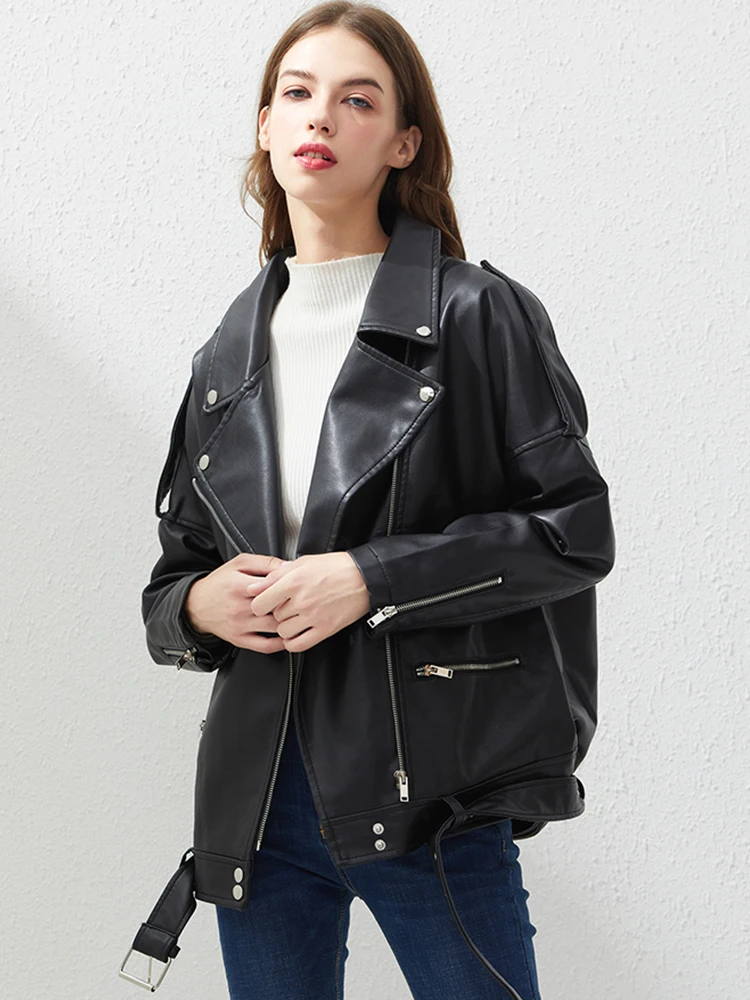 Fitaylor Herfst Vrouwen Faux Soft Leather Losse Jasje Kraag Rits Pu Motorfiets Overjas Vrouwelijke Klinknagel Punk Jacket