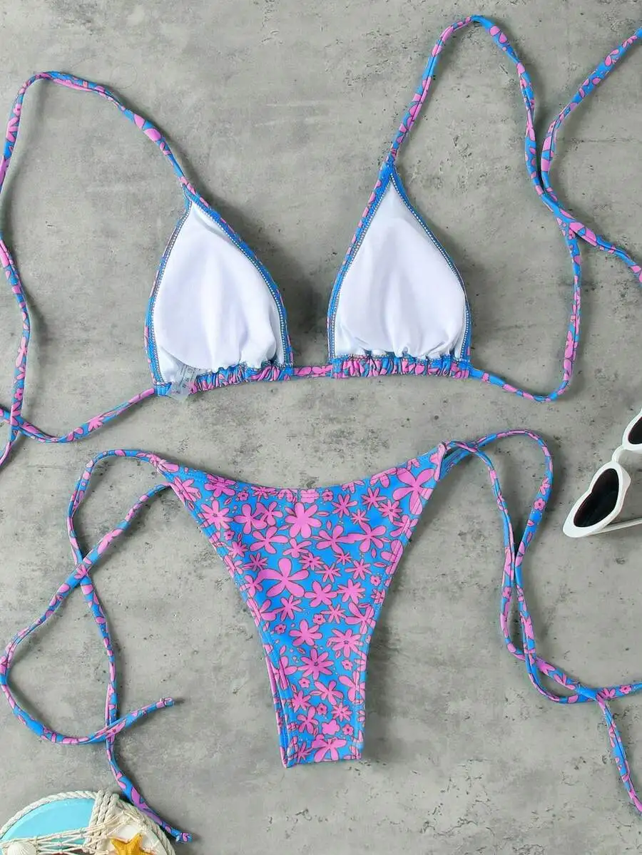 

Floral Print Tie Side Triangle Bikini Set For Women Beach Vacation Swimwear