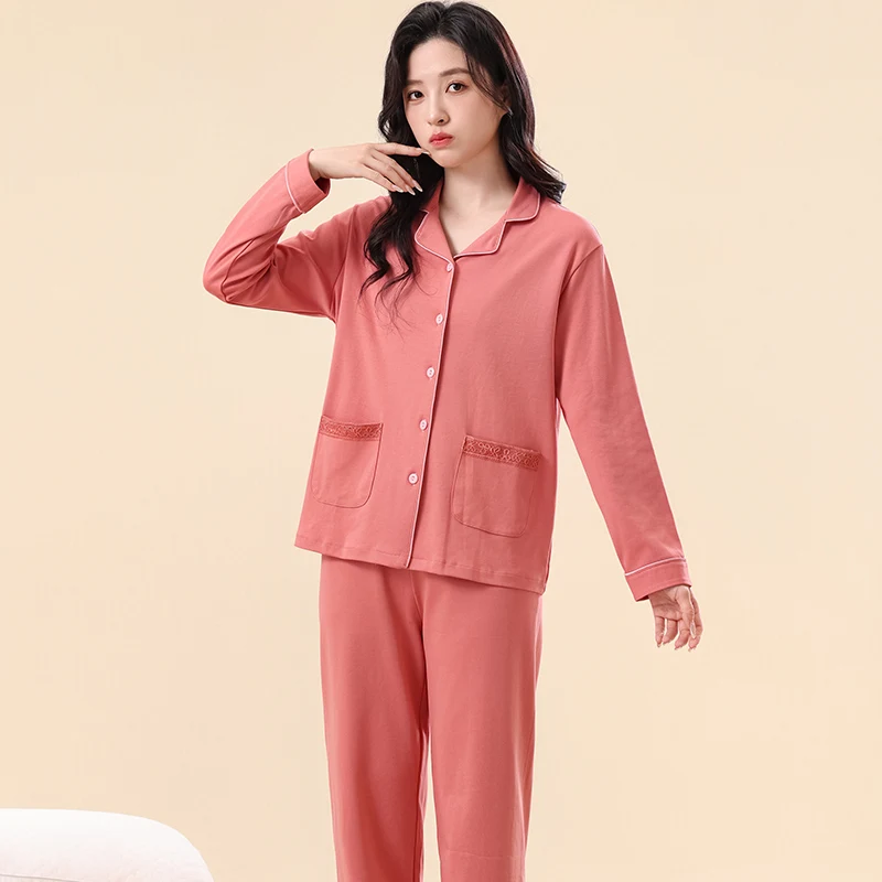 Ladies Full Pure Cotton Pajamas Set Long Sleeve Pyjamas Female Lapel Cardigan Pijama Mujer V-Neck Home Wear Sleep Wear For Women