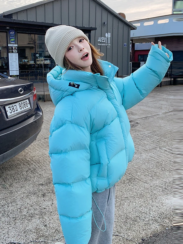 

Синяя женская зимняя теплая куртка с капюшоном, наполненная 90% белым утиным пухом, повседневная, свободного кроя, на молнии