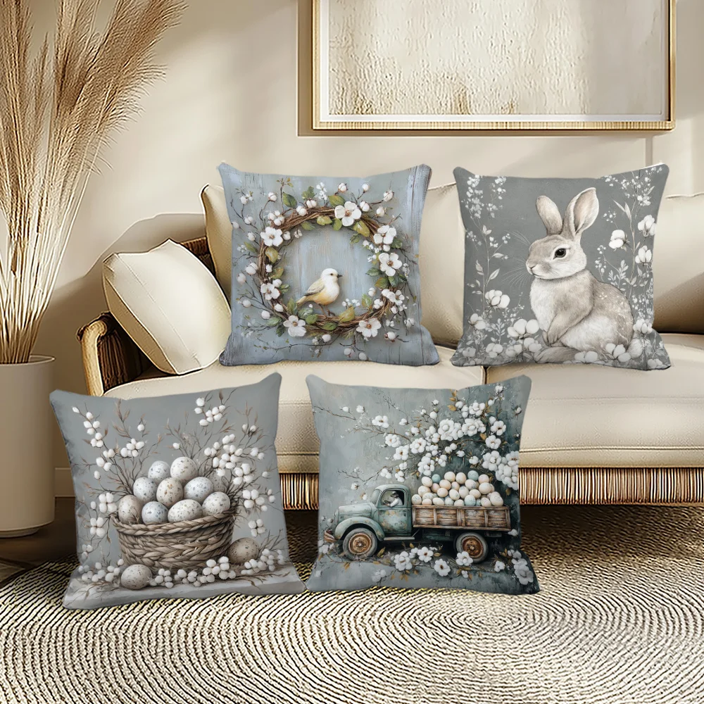 1 Stück Oster-Kissenbezug mit Baumwollhasen-Aufdruck, Polyester, 2D-Doppelseitiger Druck, Kissenhülle für Sofa, Schlafzimmer, Wohnzimmer, Feiertage