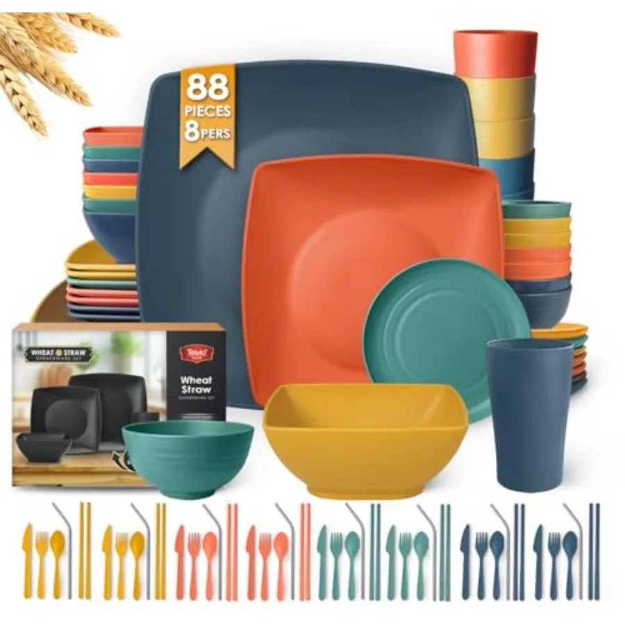 

Набор посуды из 88 предметов: пластиковые тарелки из пшеничного волокна для 8 персон (обеденные/салатные/закусочные), фруктовые/закусочные миски, стаканы, столовые приборы