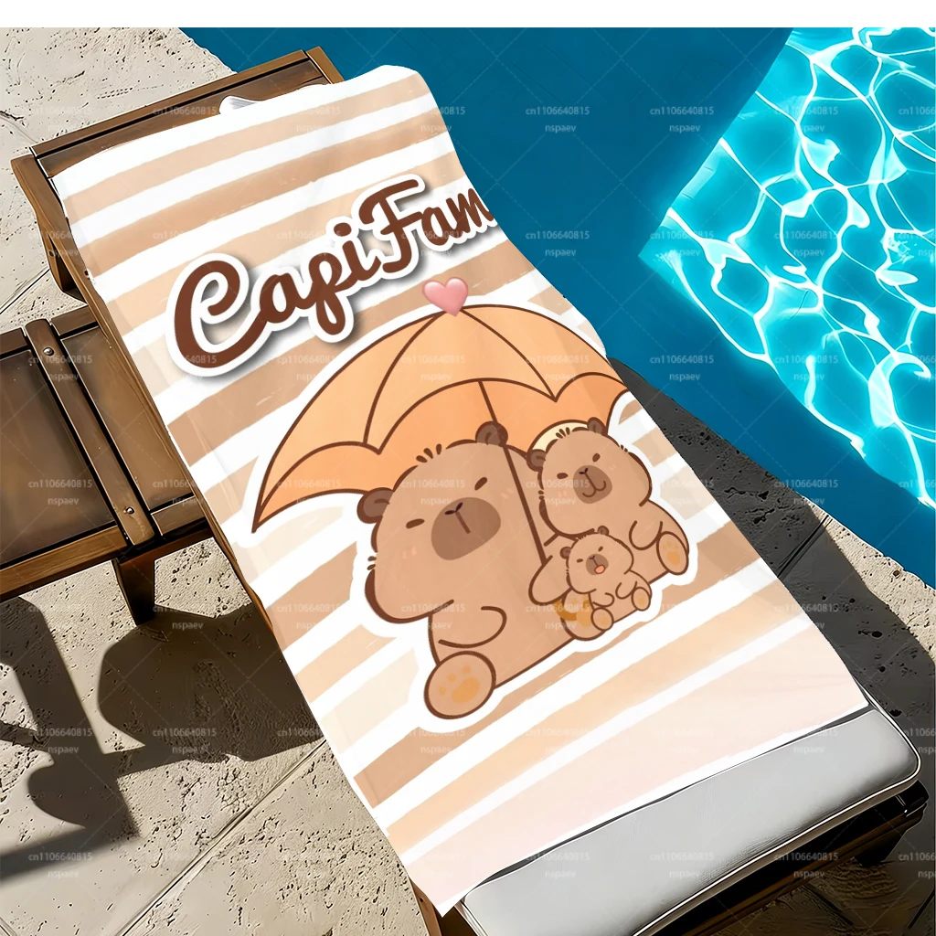 Cute Capybara Family Under Umbrella Striped Beach Towel Microfiber Quick Dry Kawaii Bath Towel for Summer Pool Camping view 5