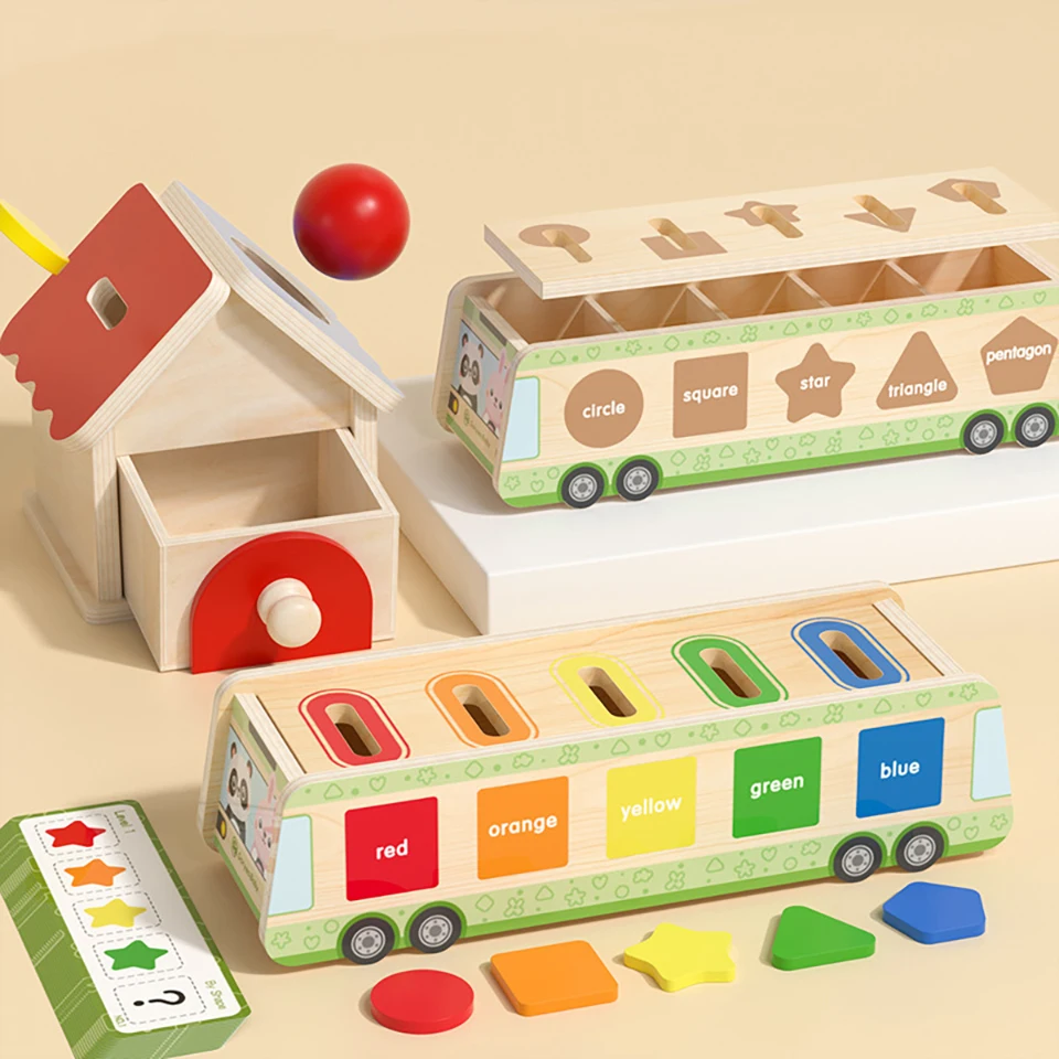 Montessori Wooden Car Toy House Throwing Game Color Sorting Shape Matching Ball Coin Drop Fine Motor Training Educational Toys