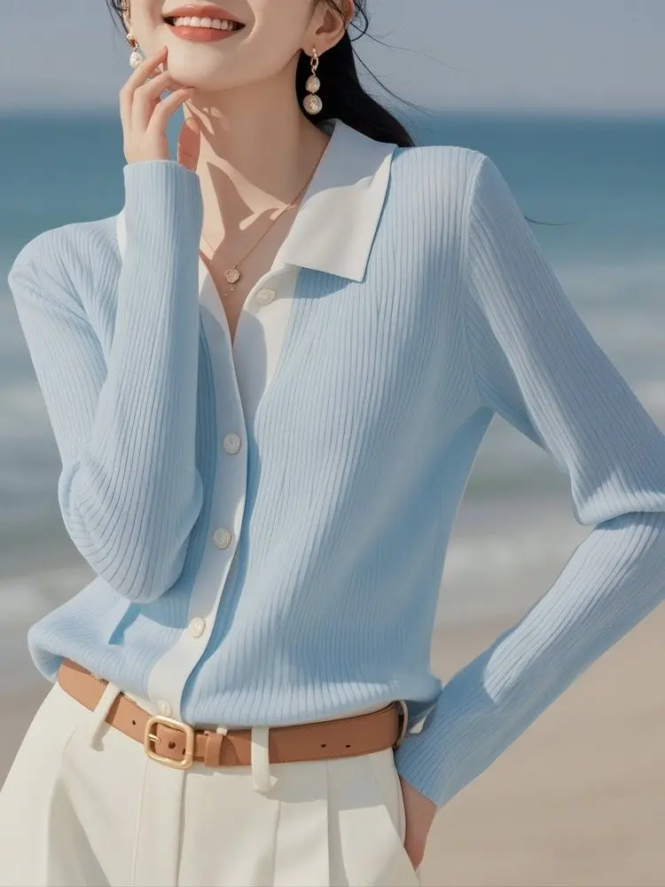 

Синий вязаный открытый кардиган женский с длинным воротником Sve Base irt Sli Commute Корейская версия Regular Thin Camere