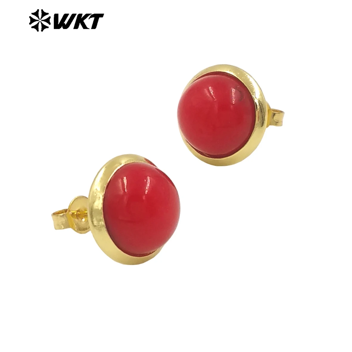 WT-MPE132   2024 High Quality Red Coral Gold Plated Earrings Round Bean Shape Cute And Playful Style For Women Birthday Gift