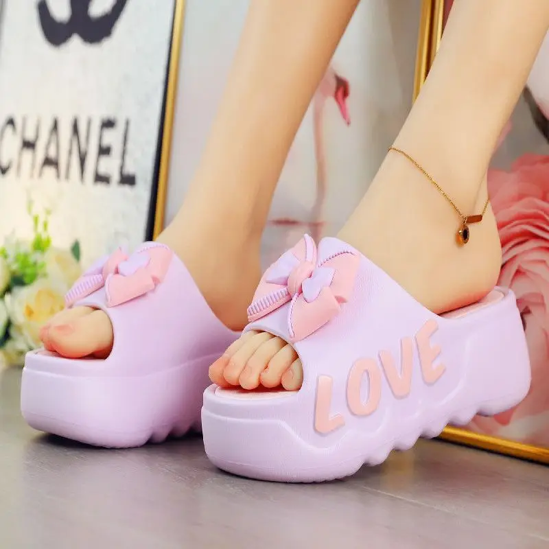 2025 New 7 cm high heel slipper women's outdoor slides sweet backless beach shoes woman wedged platform mules elevator slippers