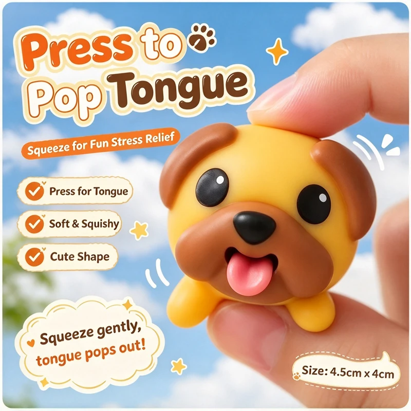 Cute Cartoon Dog Squishy Fidget Toy Press to Pop Tongue Soft Rubber Stress Relief Squeeze Toy Creative Desktop Ornament Funny
