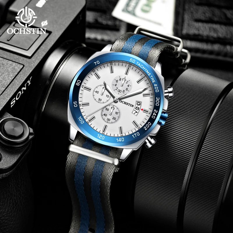 OCHSTIN Men's Luxury Minimalist Pilot Series Wristwatch Man Solid Stainless Steel Band Multi-functional Quartz Movement Watches