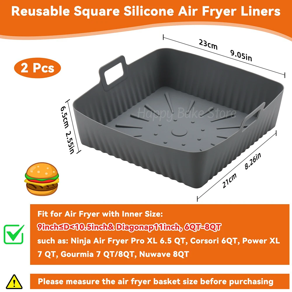 23cm Square Silicone Air Fryer Liners, Reusable Air Fryer Tray Insert, for Corsori 6QT, Ninja Air Fryer Pro XL 6.5QT, Gourmia