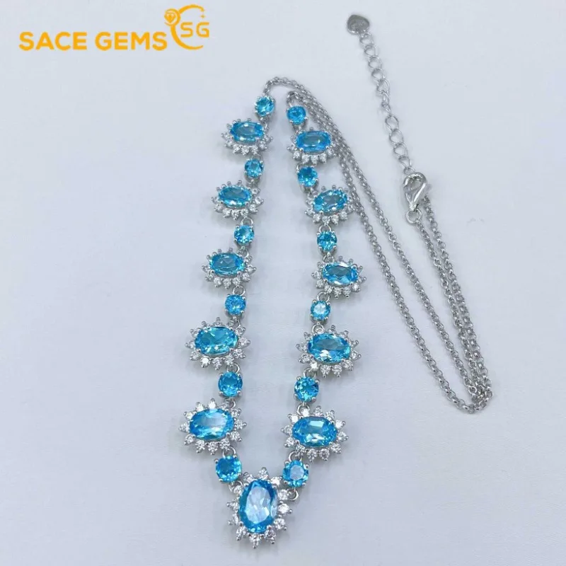 

SACE GEMS S925 Sterling Silver 4*6MM Natual Swiss Blue Topaz Pendant Necklaces for Womne Engagement Cocktail Party Fine Jewelry