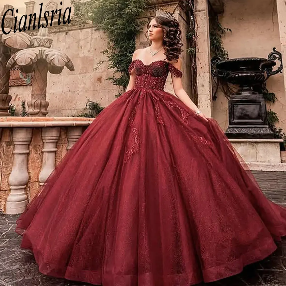 

Темно-красное платье Quinceanera с открытыми плечами, бальное платье с жемчугом и аппликацией, кружево Sweet 15, Vestidos De XV Años