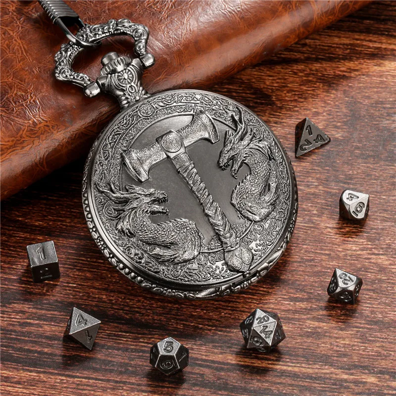 

Vintage Two Dragons Pocket Watch Case with Pendant Chain 7pcs/set Mini Metal Polyhedral Dice Role Playing Board Game Accessories