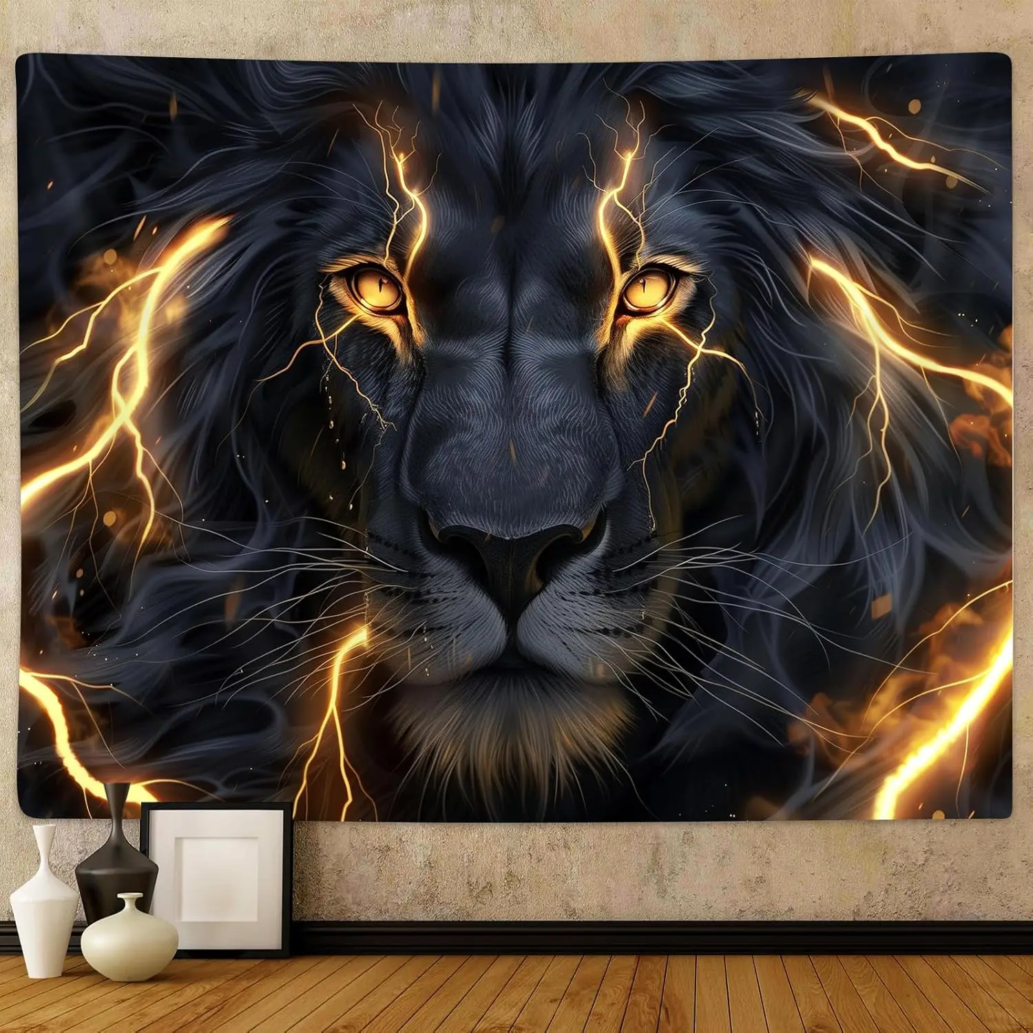 Electric Lion Tapestry - Golden Lightning Animal Wall Art, Powerful King of Jungle Decor, Living Room Bedroom, Multiple Sizes