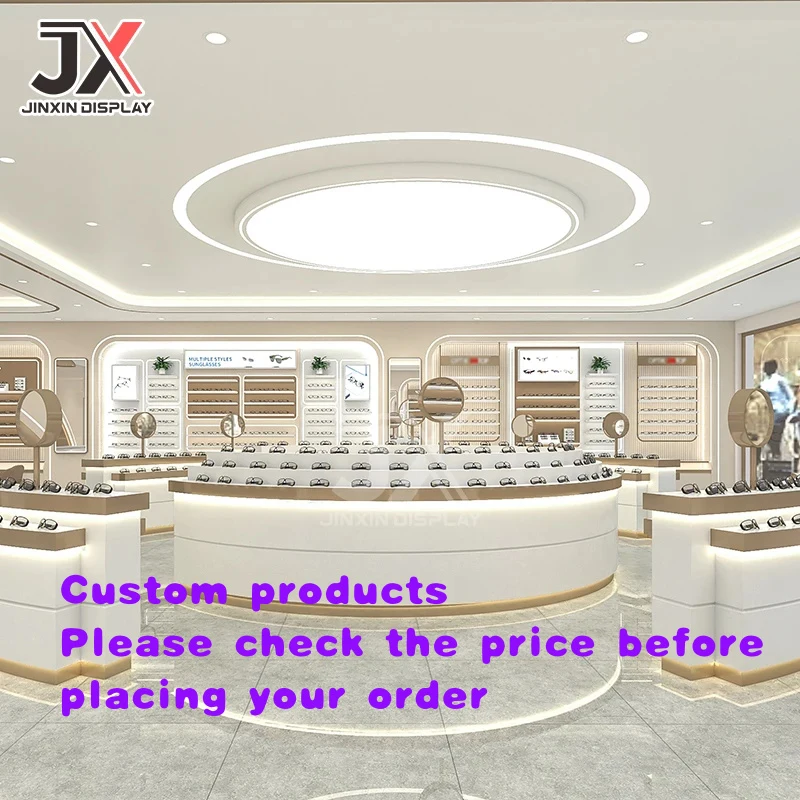 custom.Custom Modern Design Iron Wood Rectangular Glasses Sunglasses Display Cabinet LED Strip Lights Promotional Showcase Retai