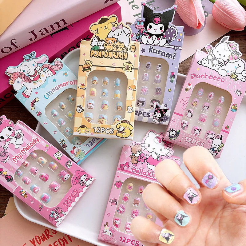 

Kawaii Sanrio Children's Nail Paste Anime Hello Kitty My Melody Kuromi Pochacco Cartoon Girl Dress Up Wearing Nail Birthday Gift