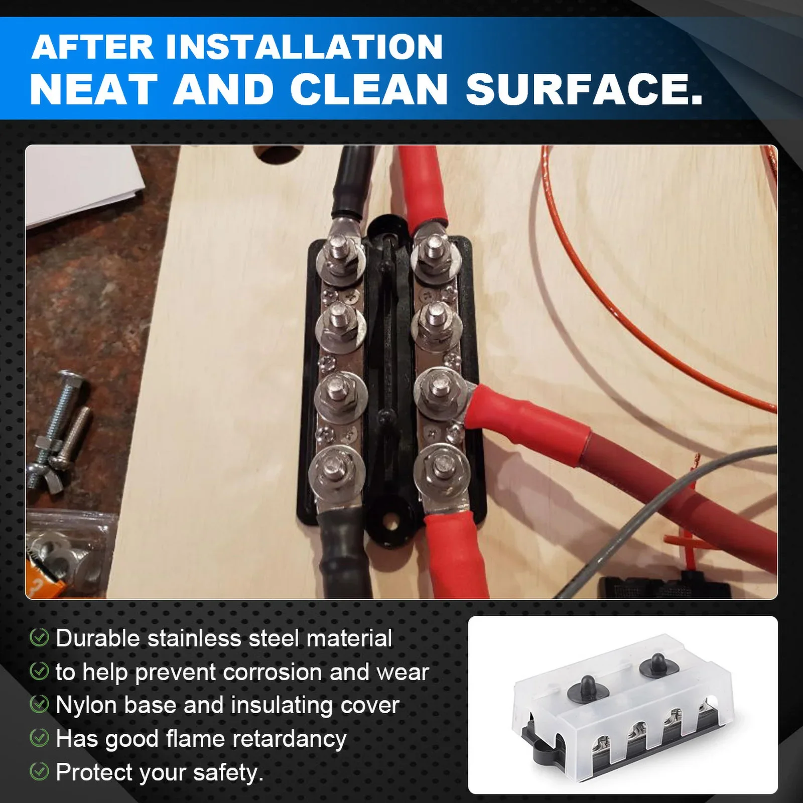 ヘビーデューティーバスバー 8ウェイ DC 12V-48V 250A 正負電源分配ブロックボックス M8 M10 バスバーバッテリーターミナルスタッドボックス