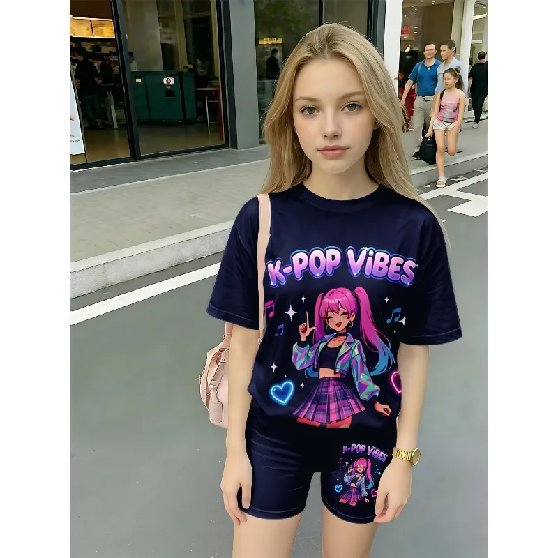 K-Pop Vibes Cute Anime Girl Printed Casual 2PCS Set T-shirt and Shorts, Suitable for K-Pop Enthusiasts Birthday Gift Casual Set