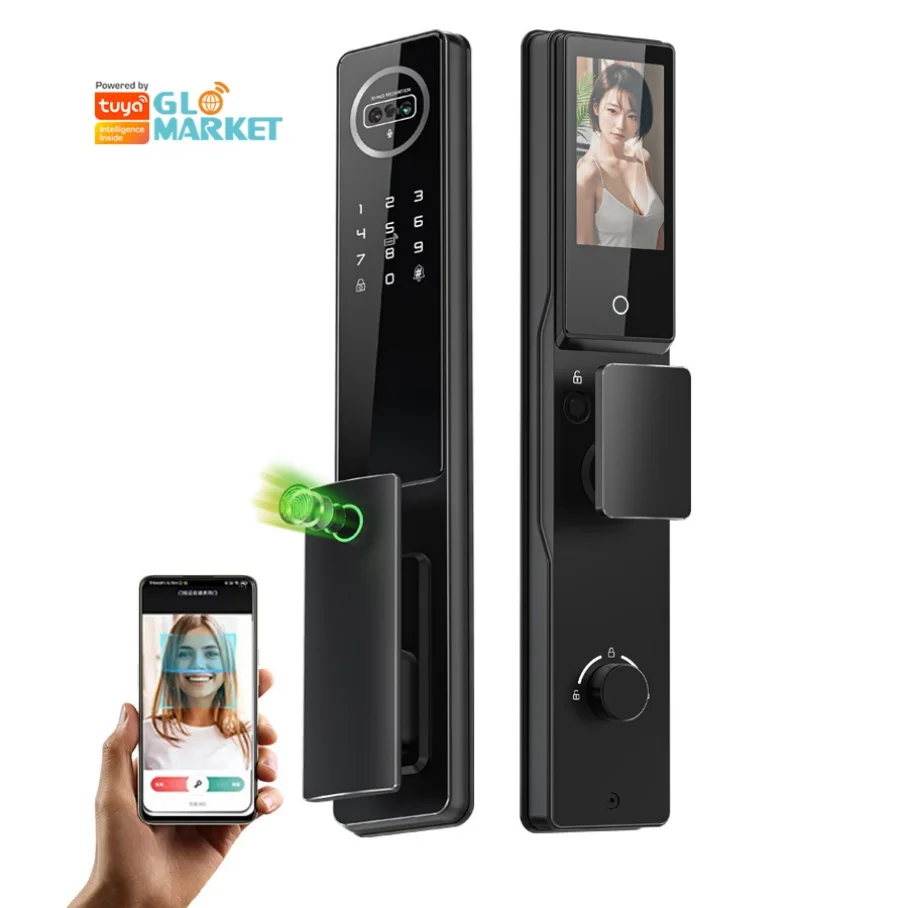 Glomarket Tuya Real-Time Video Intercom 3D Face Recognition Fingerprint Smart Lock with Digital Camera Black Wi-Fi Cloud Storage